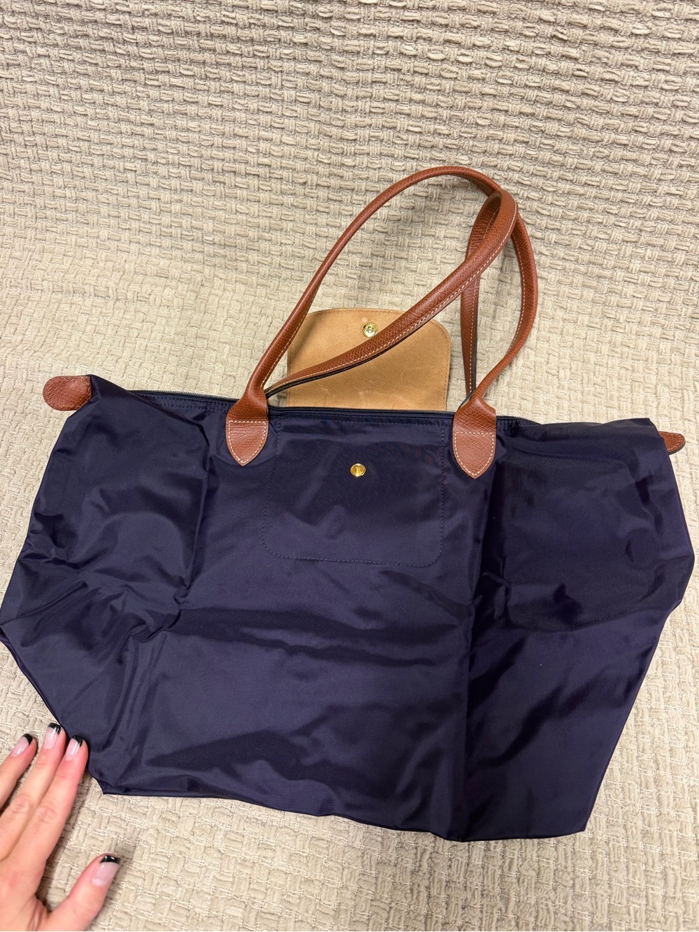 Longchamp Dark Purple Nylon Shoulder Bag with Brown Leather Trim - Picture 2 of 7